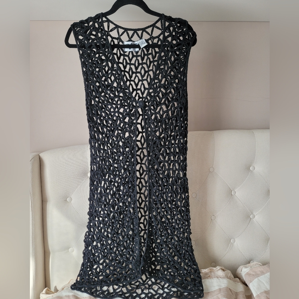 Vintage Sz M Cotton Crochet Duster Black